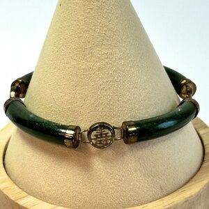 Vintage Asian Jade Serpentine Curved Stone Linked Bracelet Safety Chain